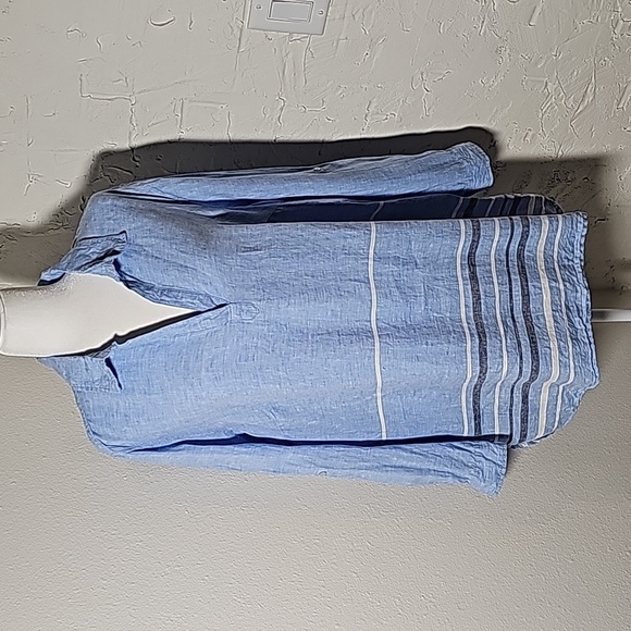 Tahari Shirt Pullover Popover Tunic Long Sleeve Roll Tab Linen Blue Stripes 1X - Picture 1 of 14